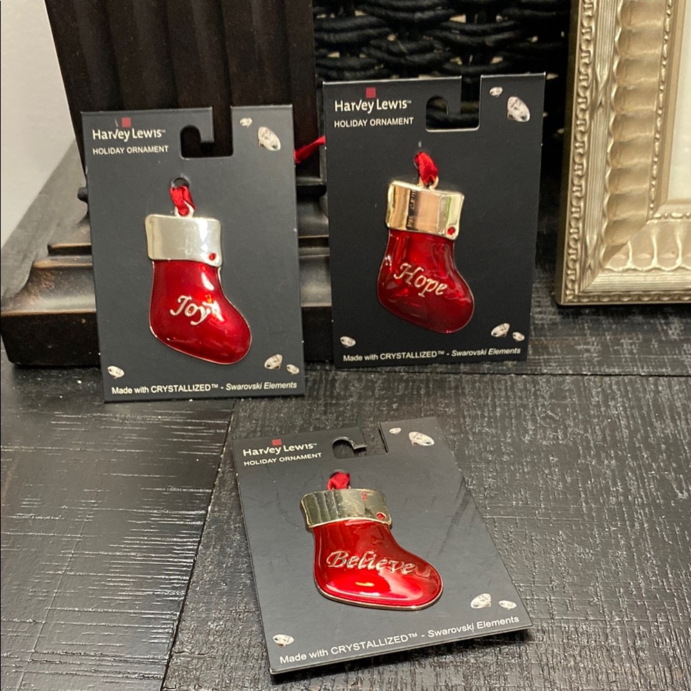 Set Of 3 NWT Harvey Lewis Enamel Stocking Ornaments With Swarovski Crystals!